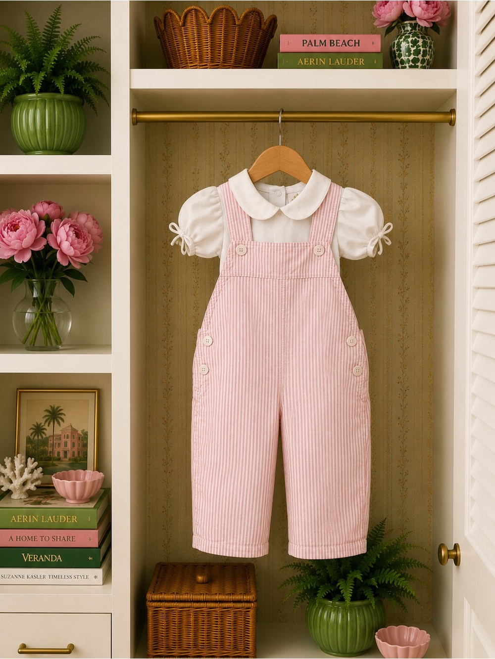 The Beaufort Bonnet Company Pink Striped Overalls with White Puff Sleeve Top